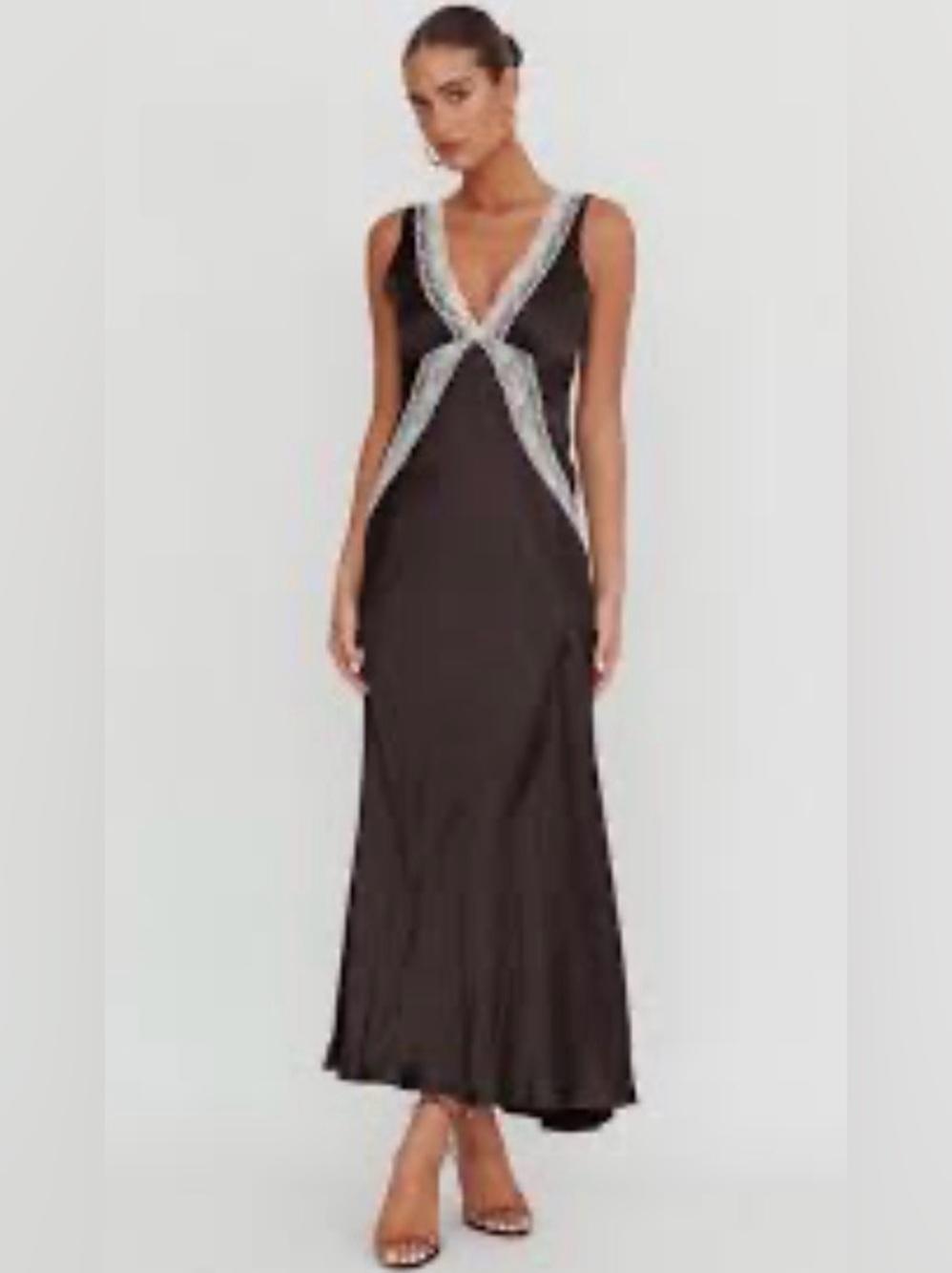 Selfie Leslie Black Satin Ivonne Maxi Dress with Contrast White Lace Trim Small
